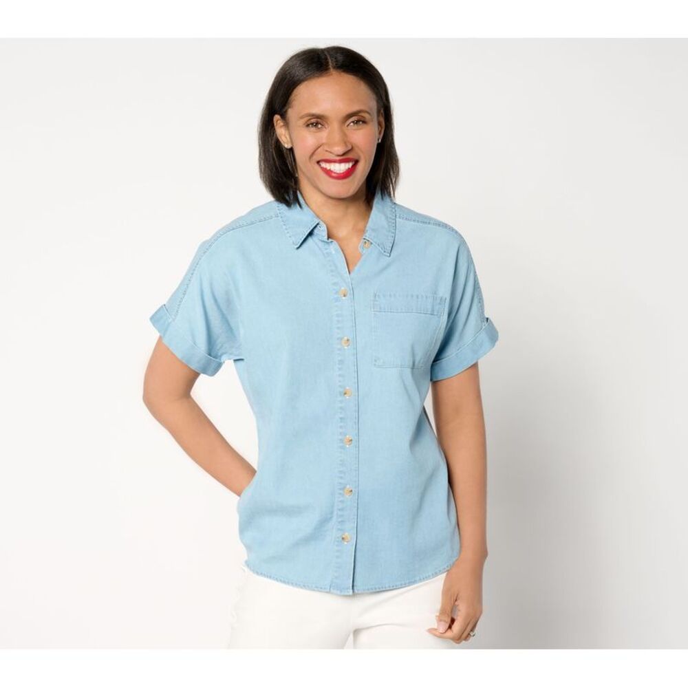 Liberare Women's Top Sz L Short-Sleeve Button-Front Lyocell Blue A647305